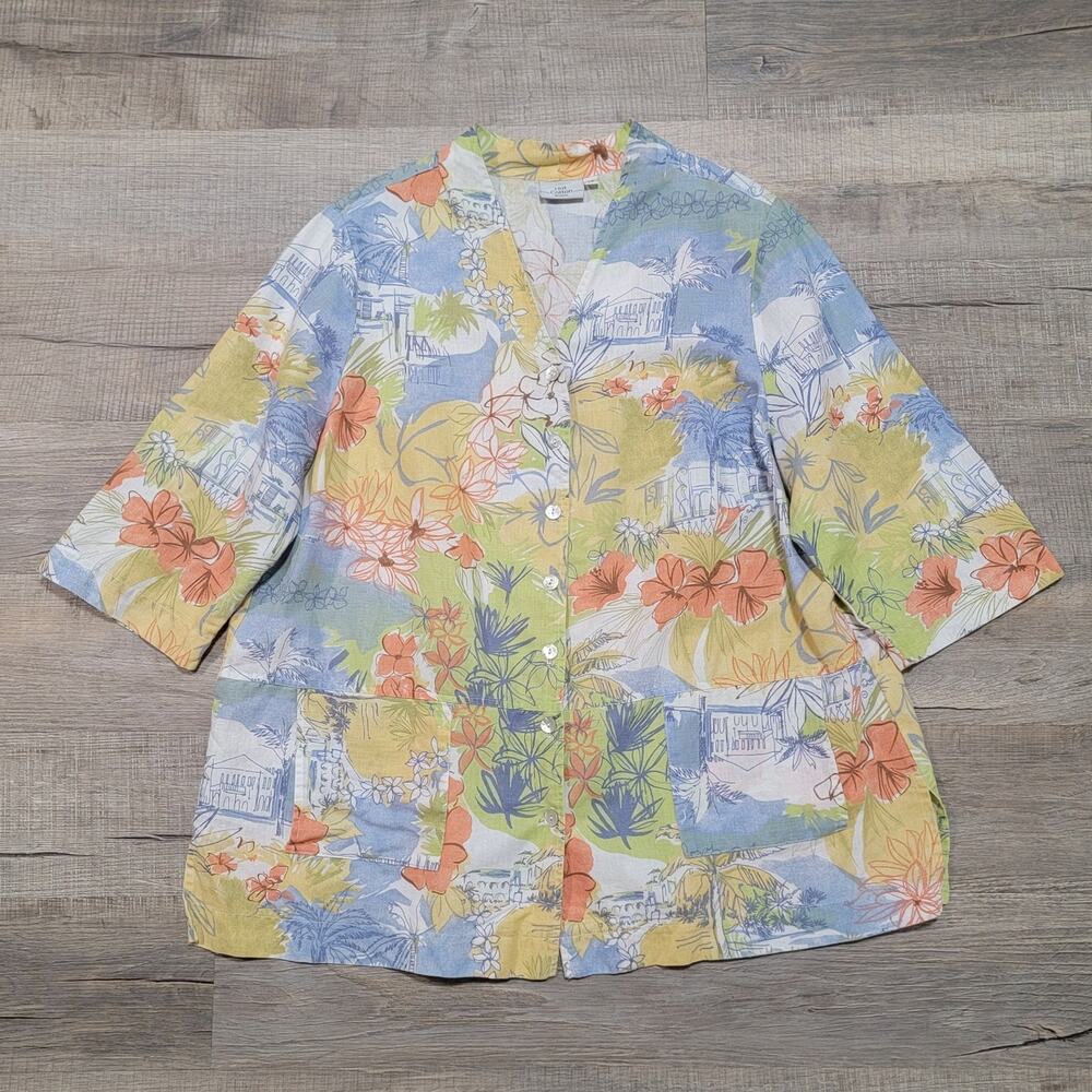 Hot Cotton Linen Cotton Button Up 1X Coastal Beach Pockets Watercolor Floral Top